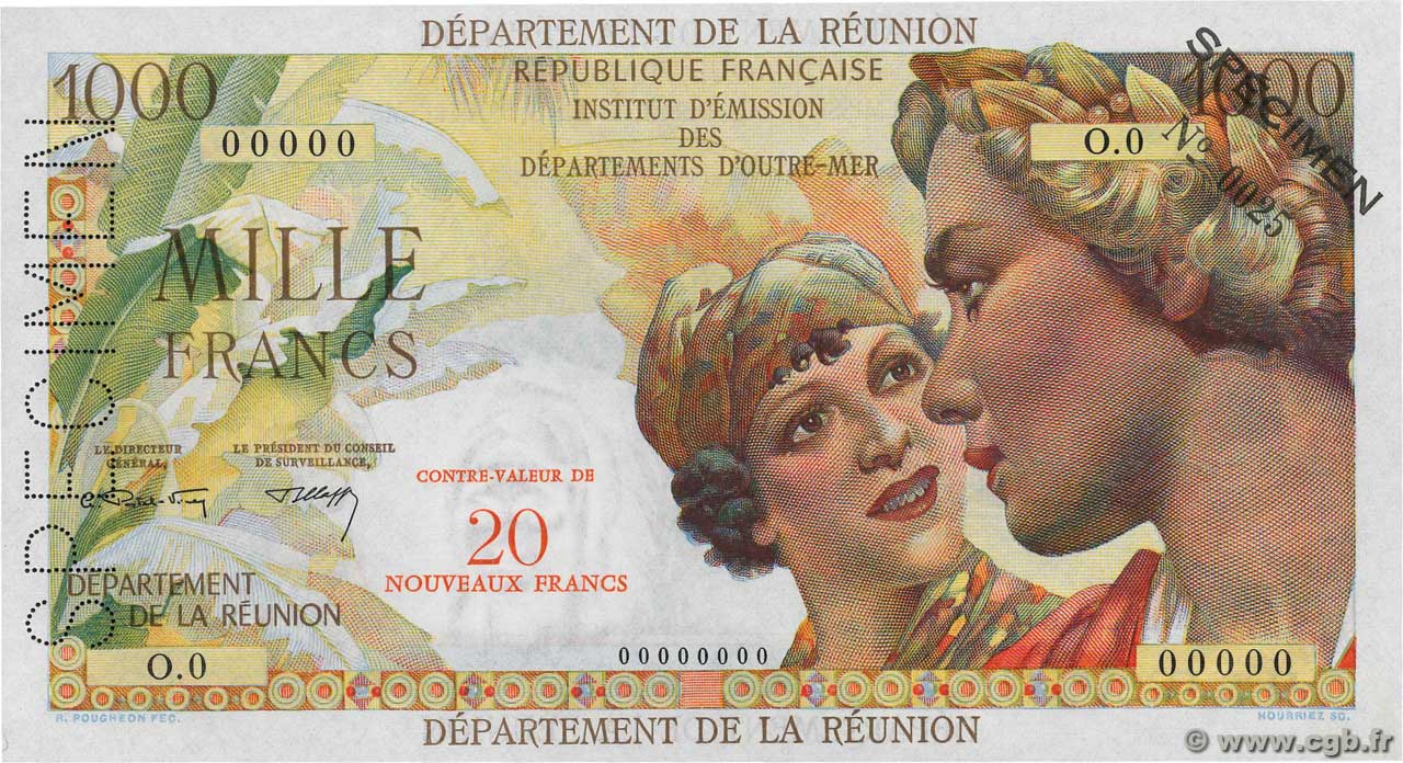 20 NF sur 1000 Francs Union Française Spécimen ISLA DE LA REUNIóN  1967 P.55bs FDC