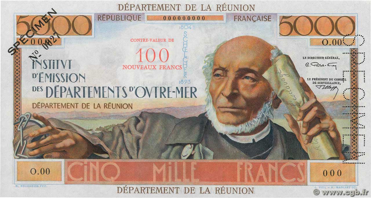 100 NF sur 5000 Francs Schoelcher Spécimen REUNION INSEL  1971 P.56bs ST