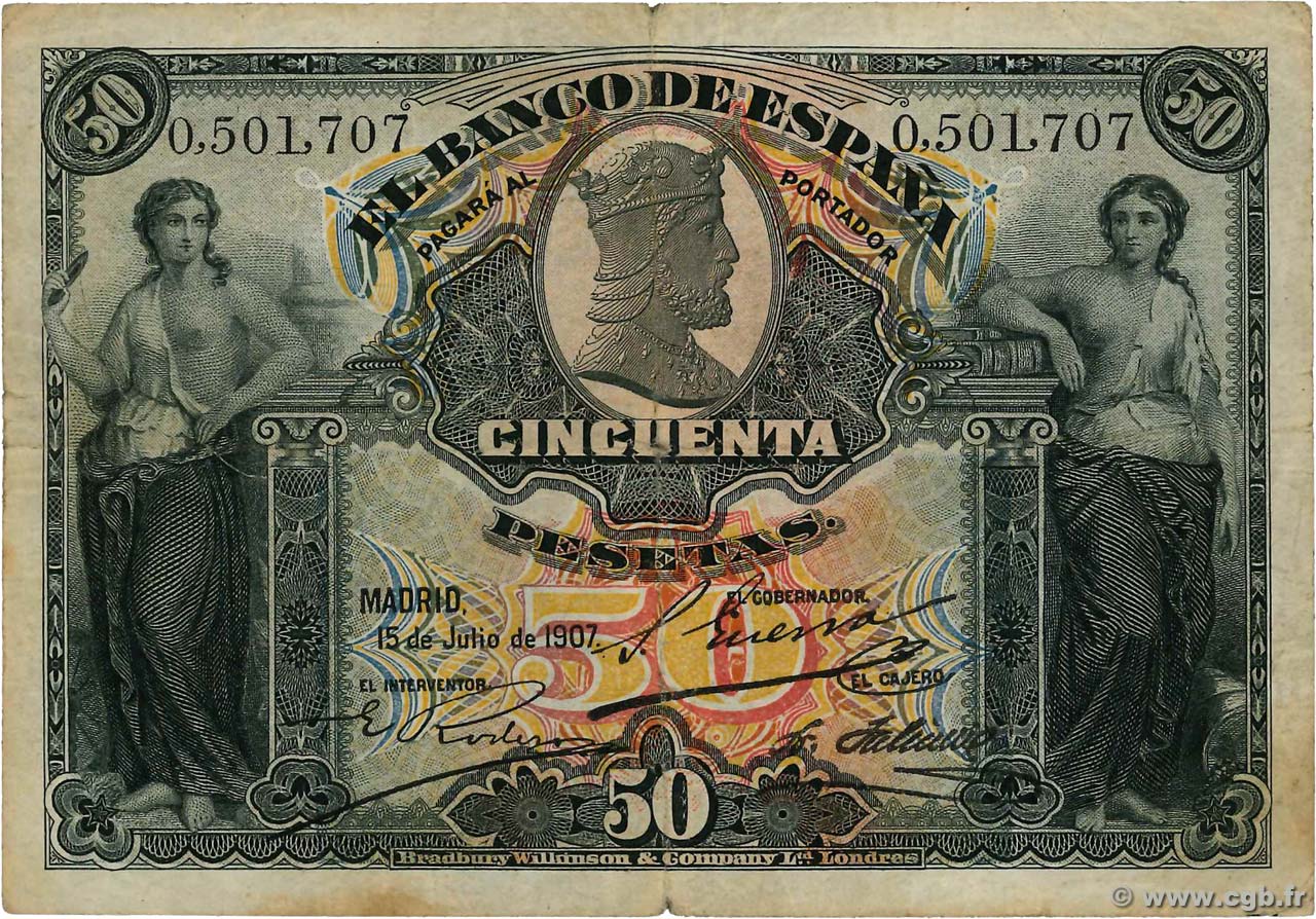 50 Pesetas SPANIEN  1907 P.063a fS