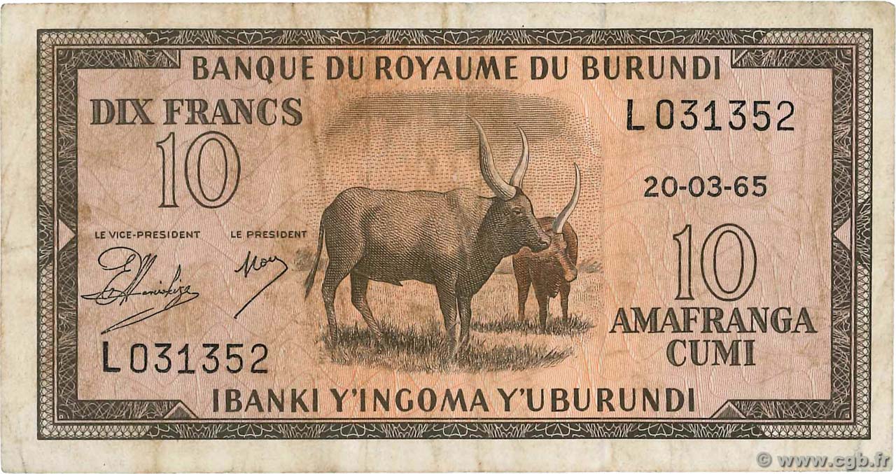 10 Francs BURUNDI  1965 P.09 TTB