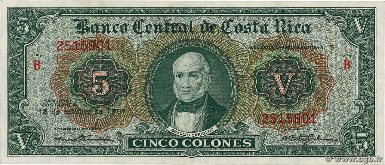 5 Colones COSTA RICA  1961 P.227 BB