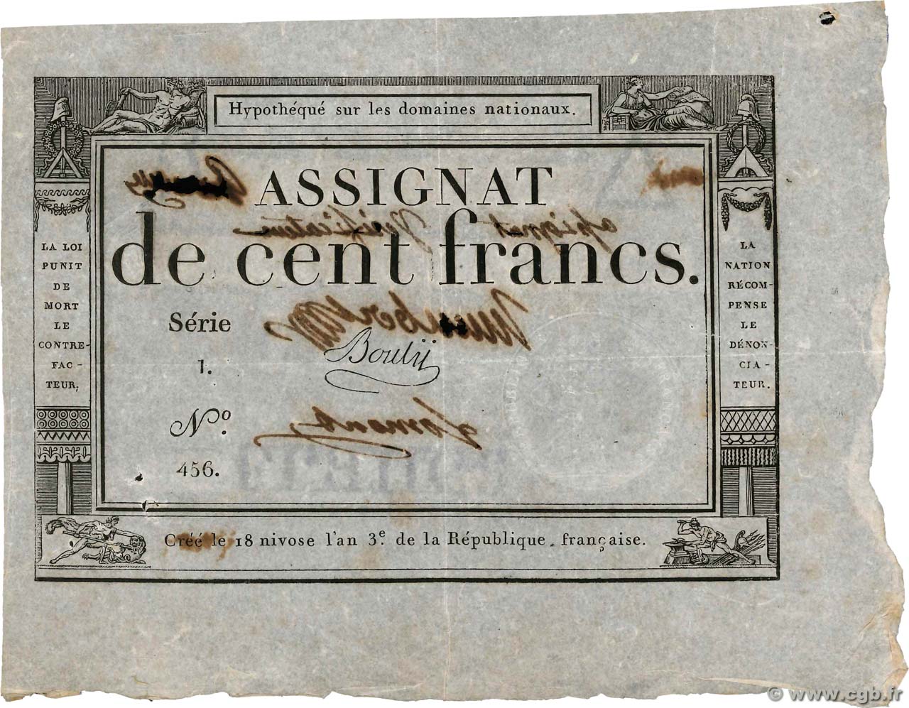 100 Francs Vérificateur FRANCE  1795 Ass.48v VF