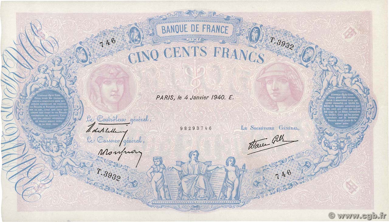 500 Francs BLEU ET ROSE modifié FRANCIA  1940 F.31.55 EBC