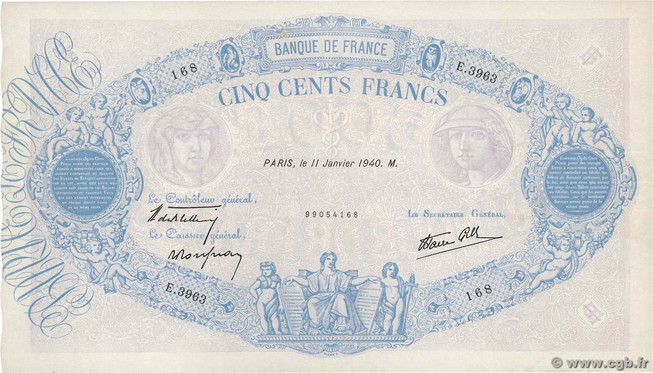 500 Francs BLEU ET ROSE modifié FRANCE  1940 F.31.56 VF