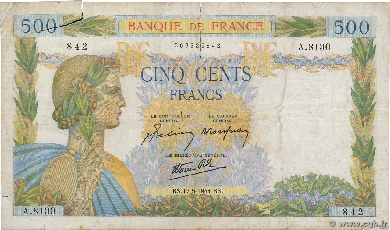 500 Francs LA PAIX Grand numéro FRANCE  1944 F.32.47 pr.TB