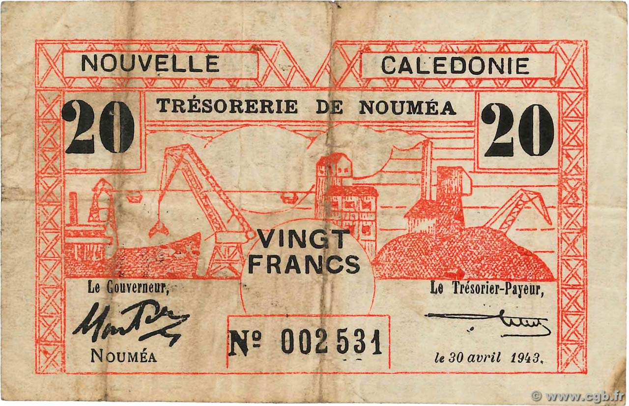 20 Francs NOUVELLE CALÉDONIE  1943 P.57a MB