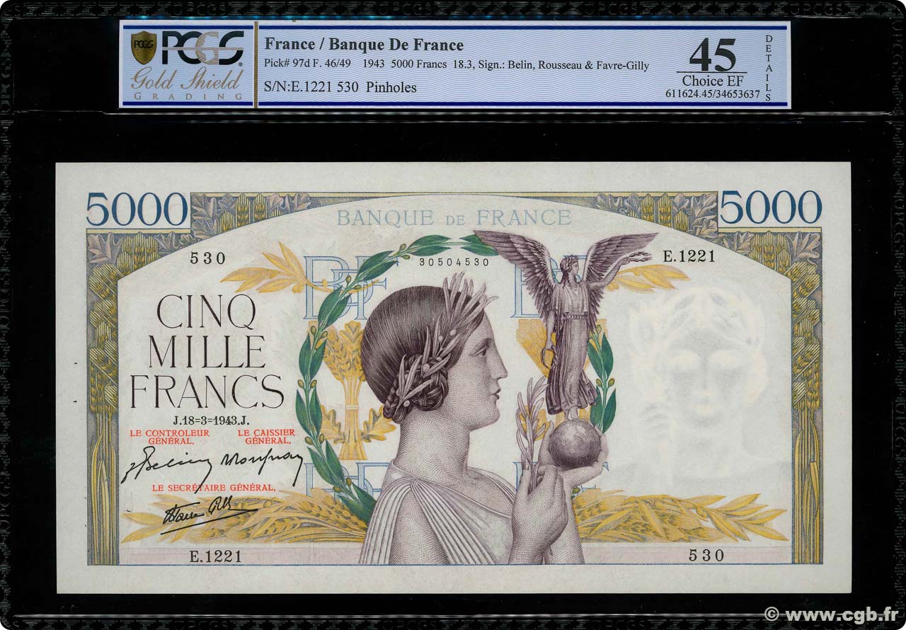 5000 Francs VICTOIRE Impression à plat FRANKREICH  1943 F.46.49 fVZ