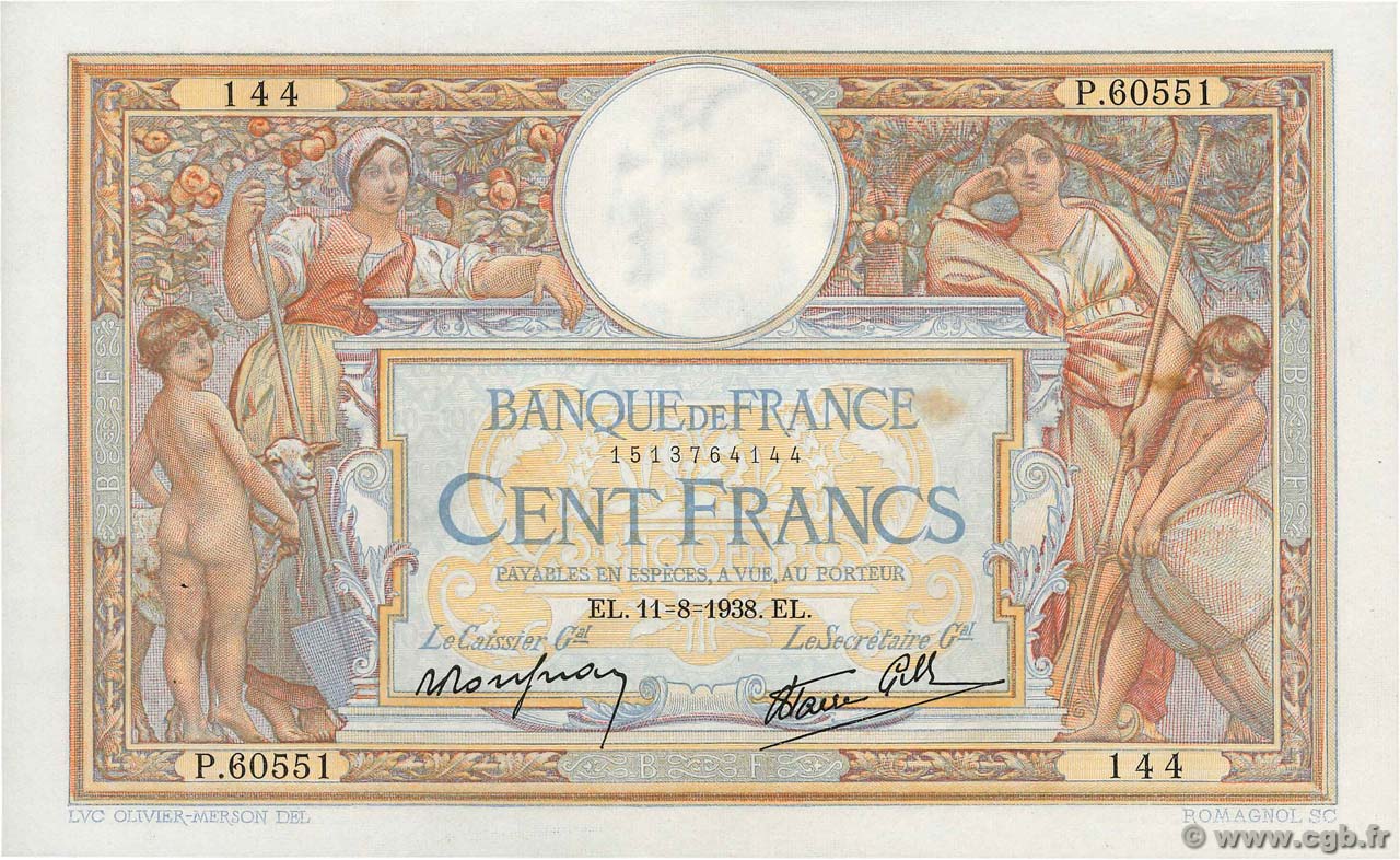 100 Francs LUC OLIVIER MERSON type modifié FRANCIA  1938 F.25.28 EBC+