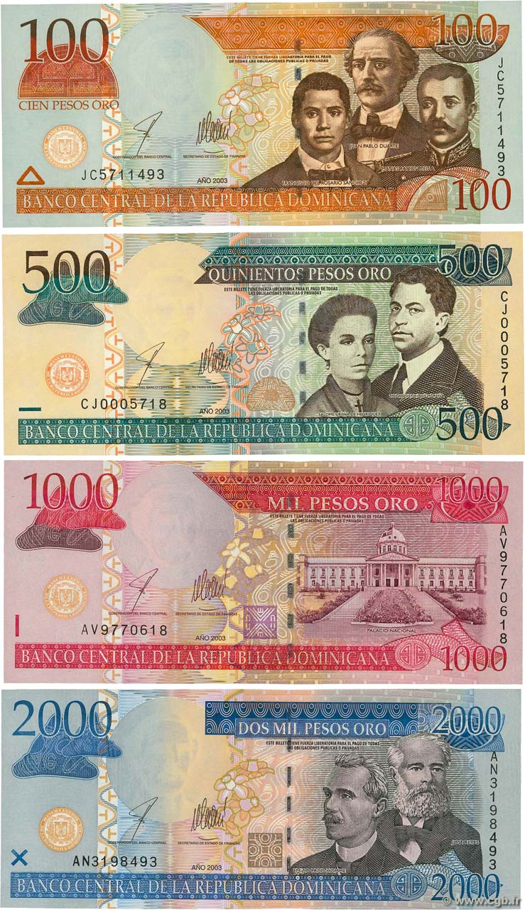 100 à 2000 Pesos Oro RÉPUBLIQUE DOMINICAINE  2003 P.171-174 FDC
