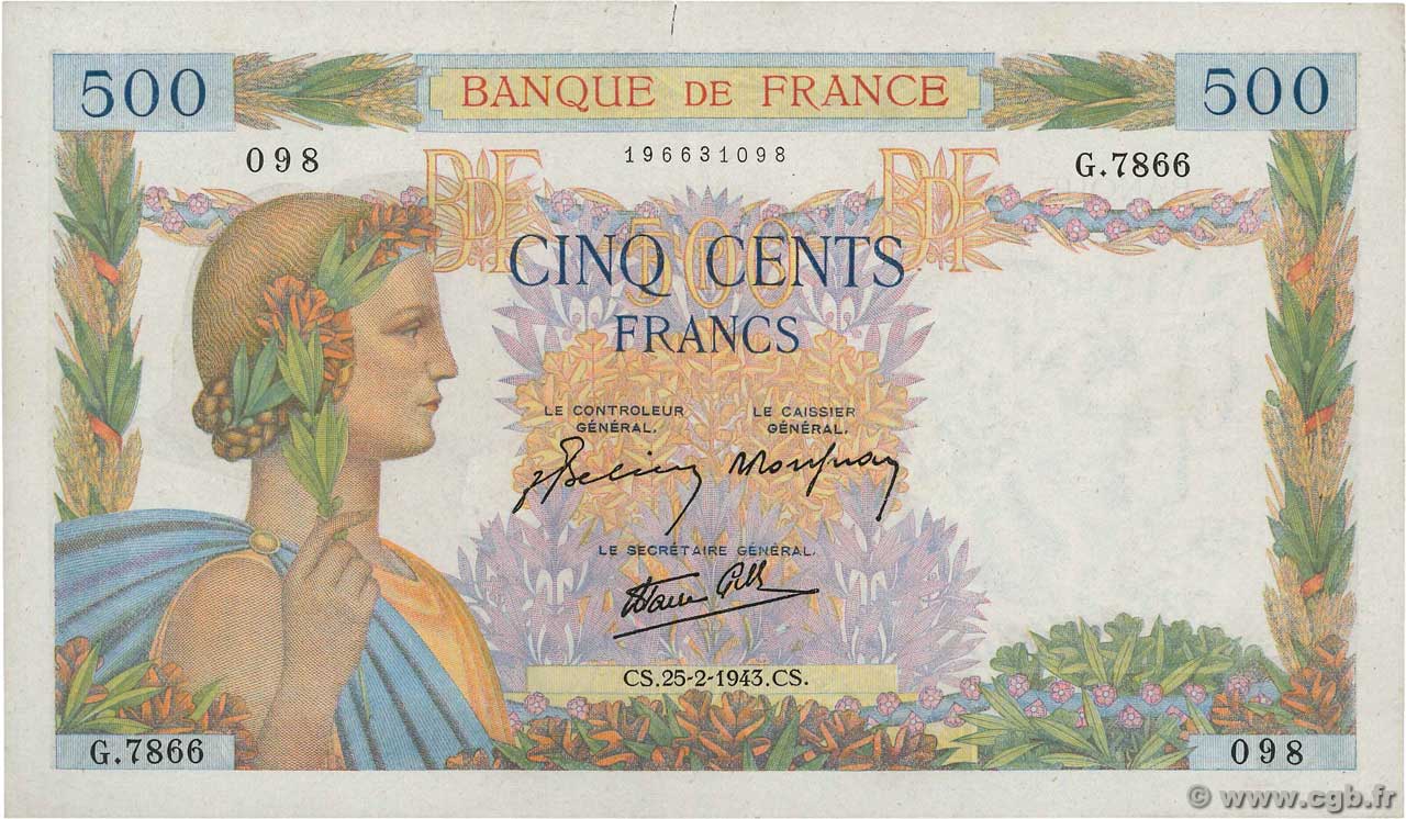 500 Francs LA PAIX FRANCIA  1943 F.32.45 SPL