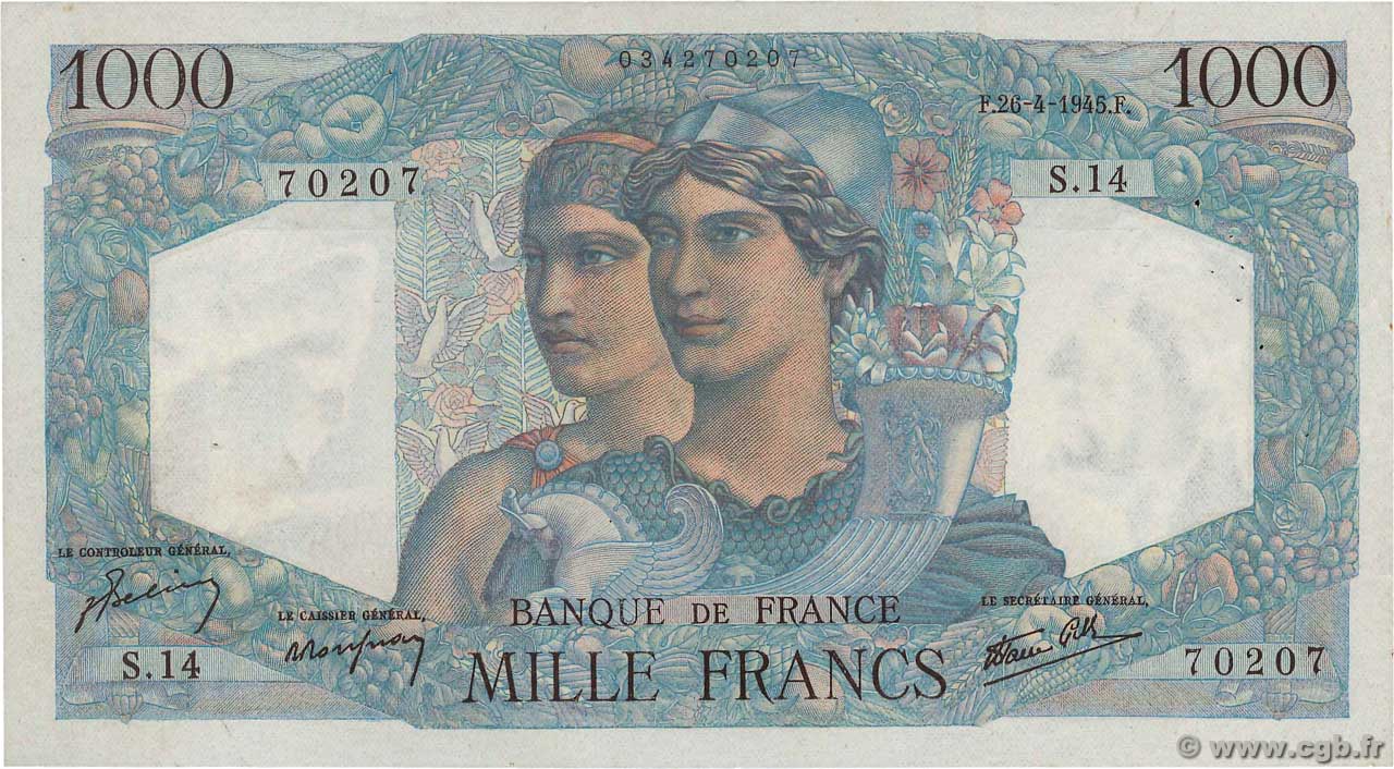 1000 Francs MINERVE ET HERCULE FRANCE  1945 F.41.02 XF-