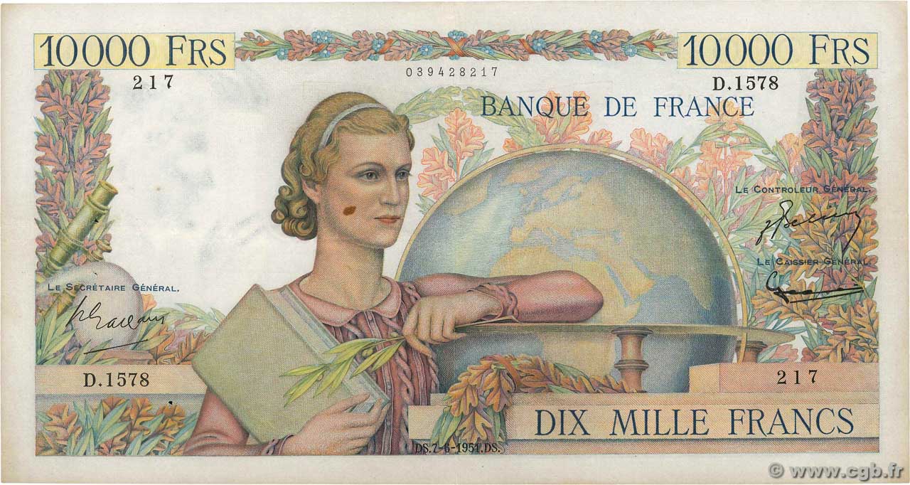 10000 Francs GÉNIE FRANÇAIS FRANCE  1951 F.50.51 VF