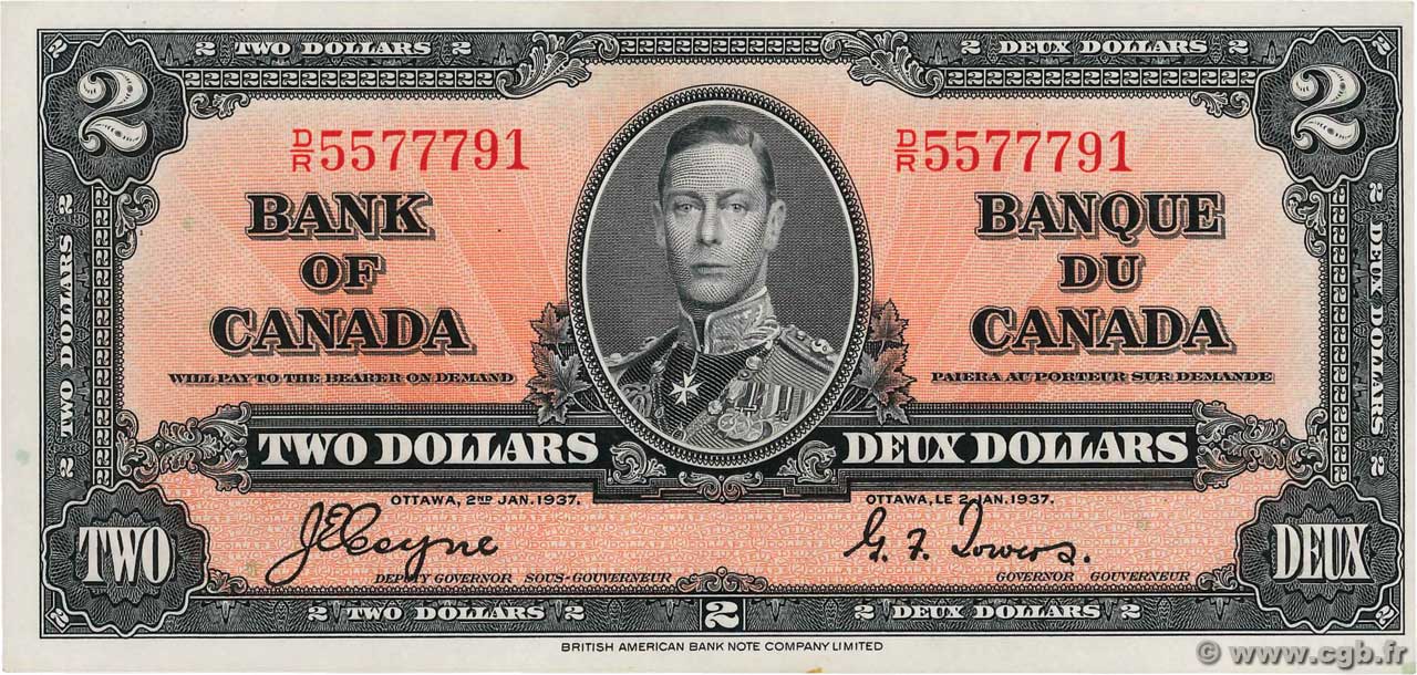 2 Dollars KANADA  1937 P.059c fST+
