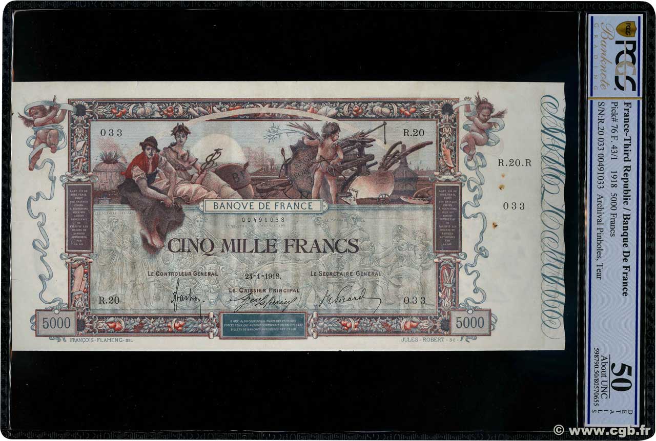 5000 Francs FLAMENG FRANCE  1918 F.43.01 VF+