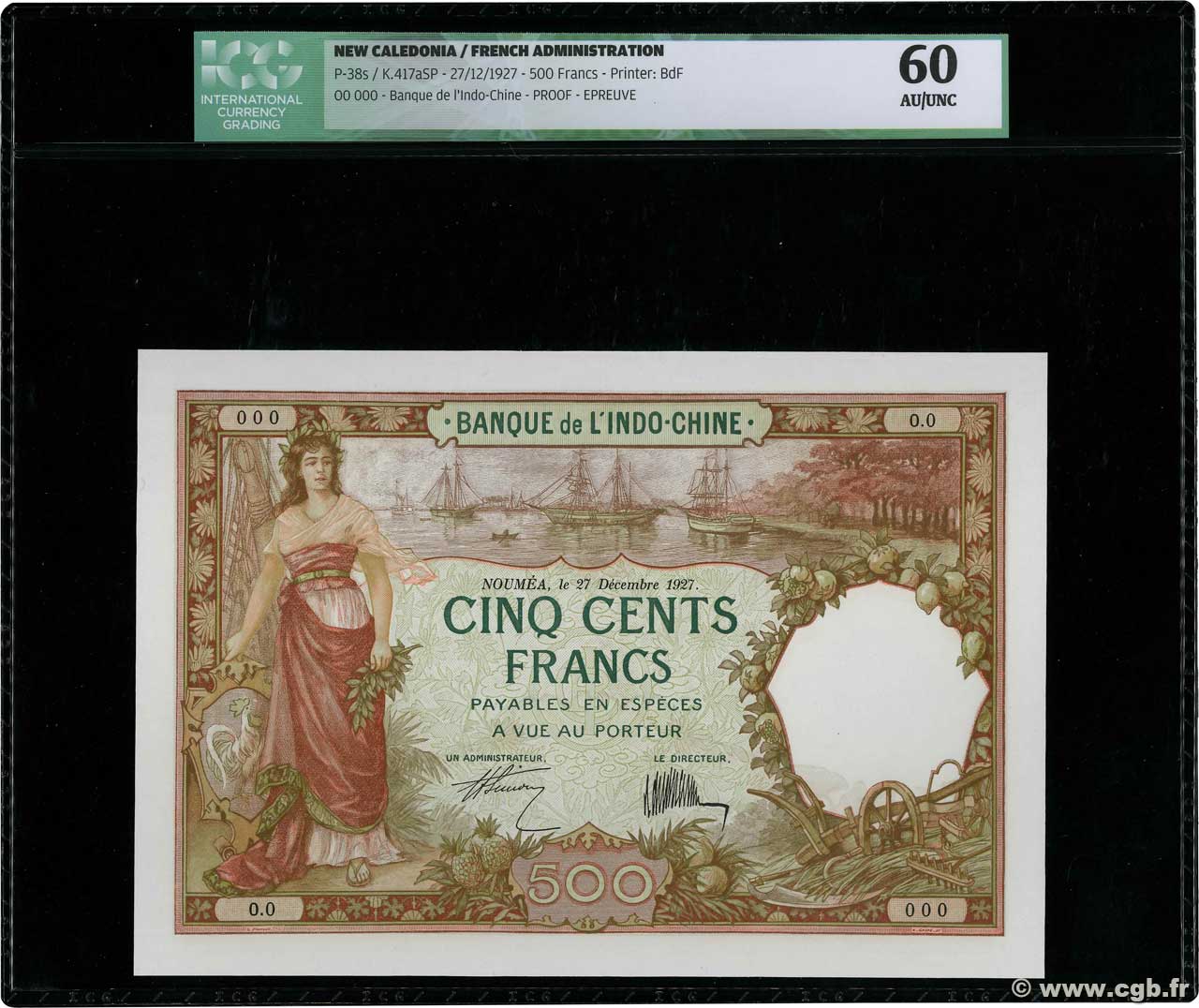 500 Francs Épreuve NOUVELLE CALÉDONIE  1927 P.38e SPL+