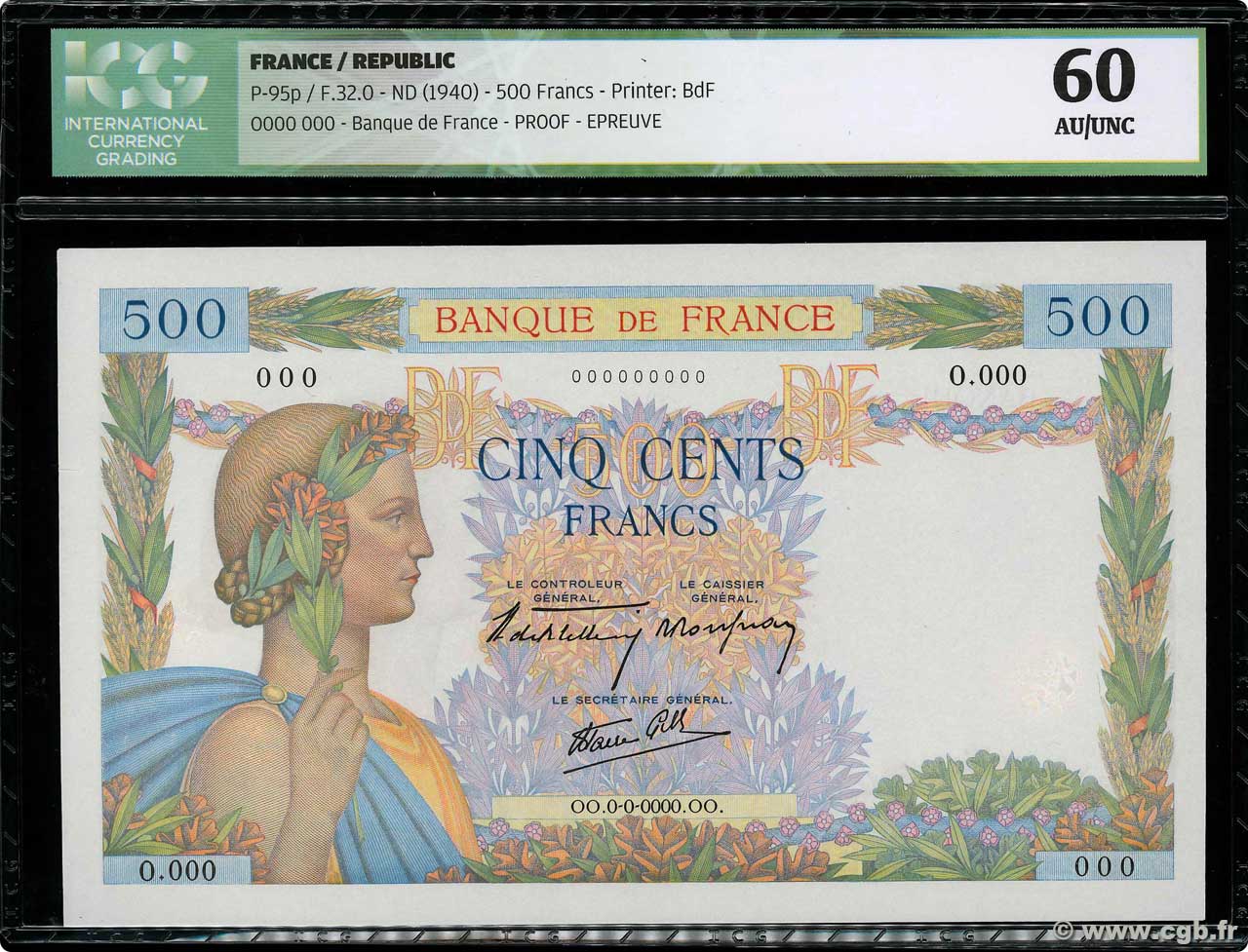 500 Francs LA PAIX Épreuve FRANCE  1940 F.32.00Ed1 pr.NEUF