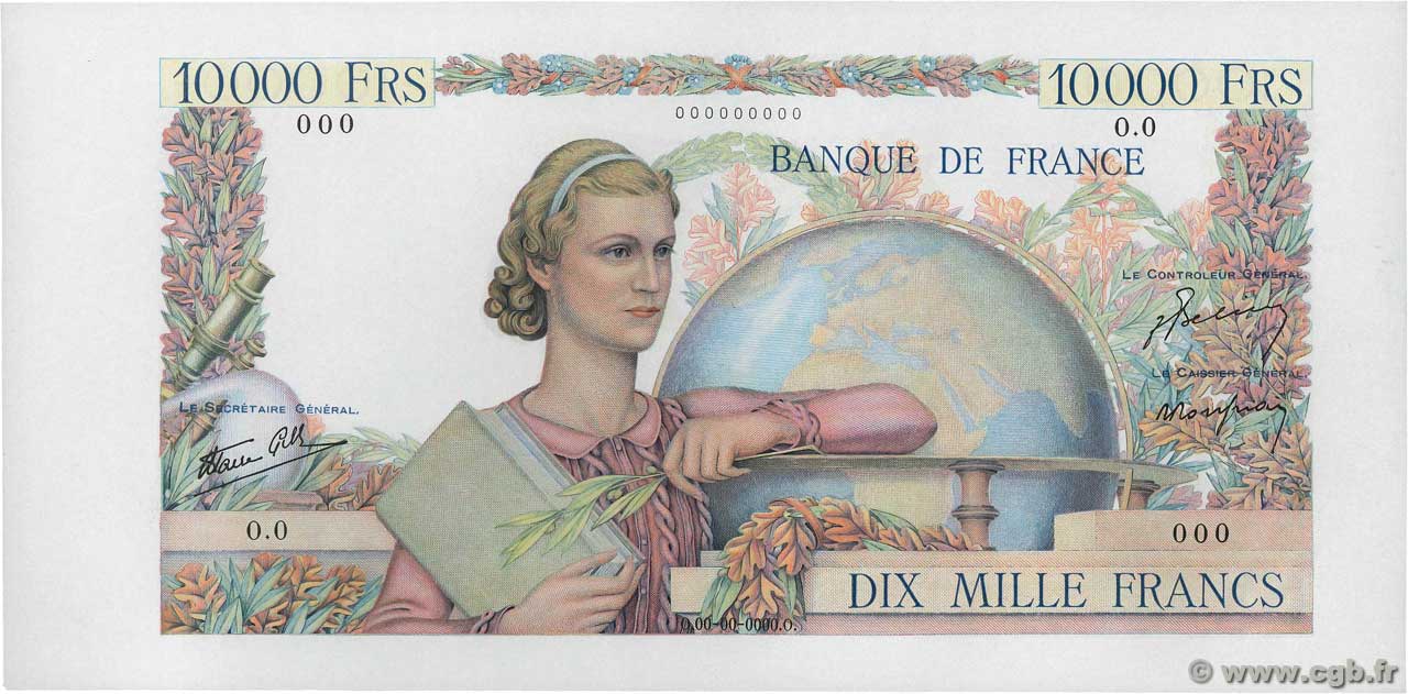 10000 Francs GÉNIE FRANÇAIS Épreuve FRANCE  1945 F.50.00Ed UNC-