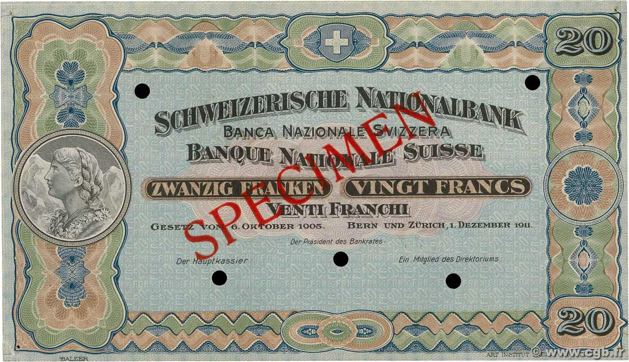 20 Francs Spécimen SWITZERLAND  1911 P.12s XF