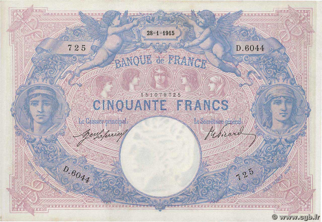 50 Francs BLEU ET ROSE FRANCE  1915 F.14.28 XF-