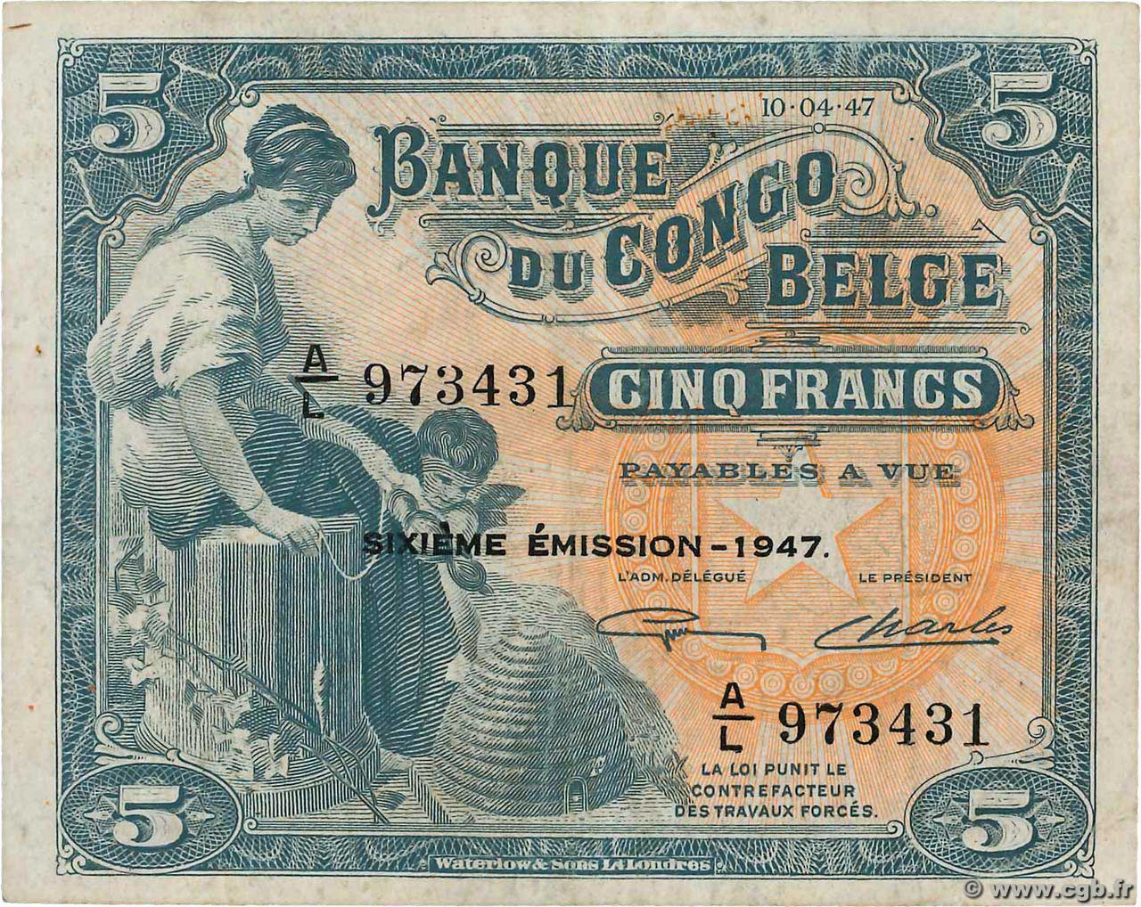5 Francs BELGA CONGO  1947 P.13Ad MBC