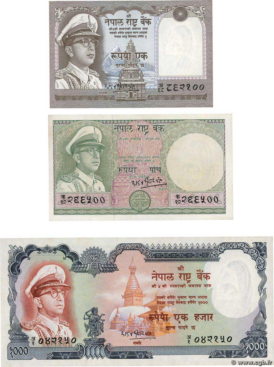 1, 5 et 1000 Rupees NEPAL  1972 P.16, P.17 et P.21 AU+