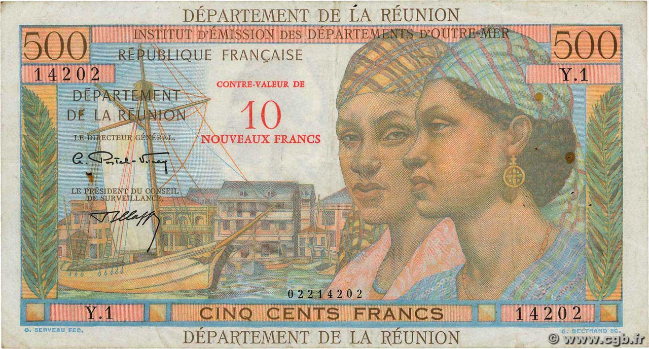 10 NF sur 500 Francs Pointe à Pitre REUNION ISLAND  1971 P.54b VF