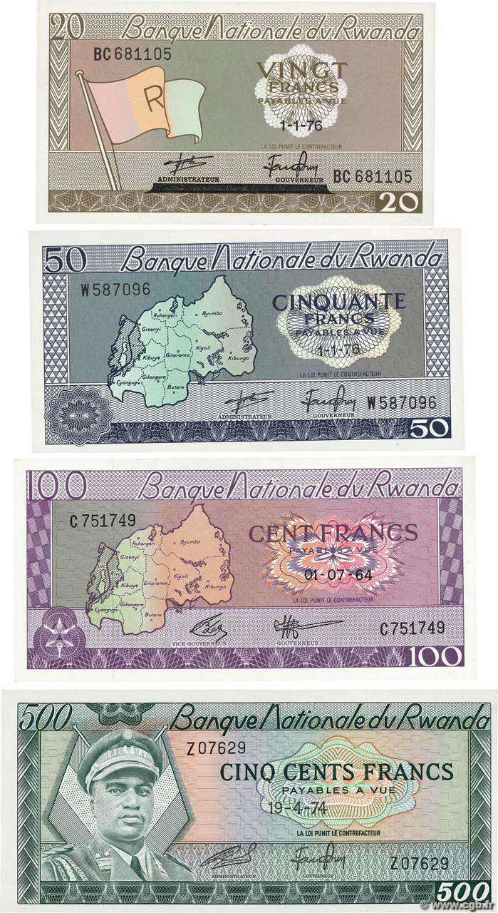 20, 50 100 et 500 Francs RWANDA  1964 P.06 au P.08 et P.11 UNC