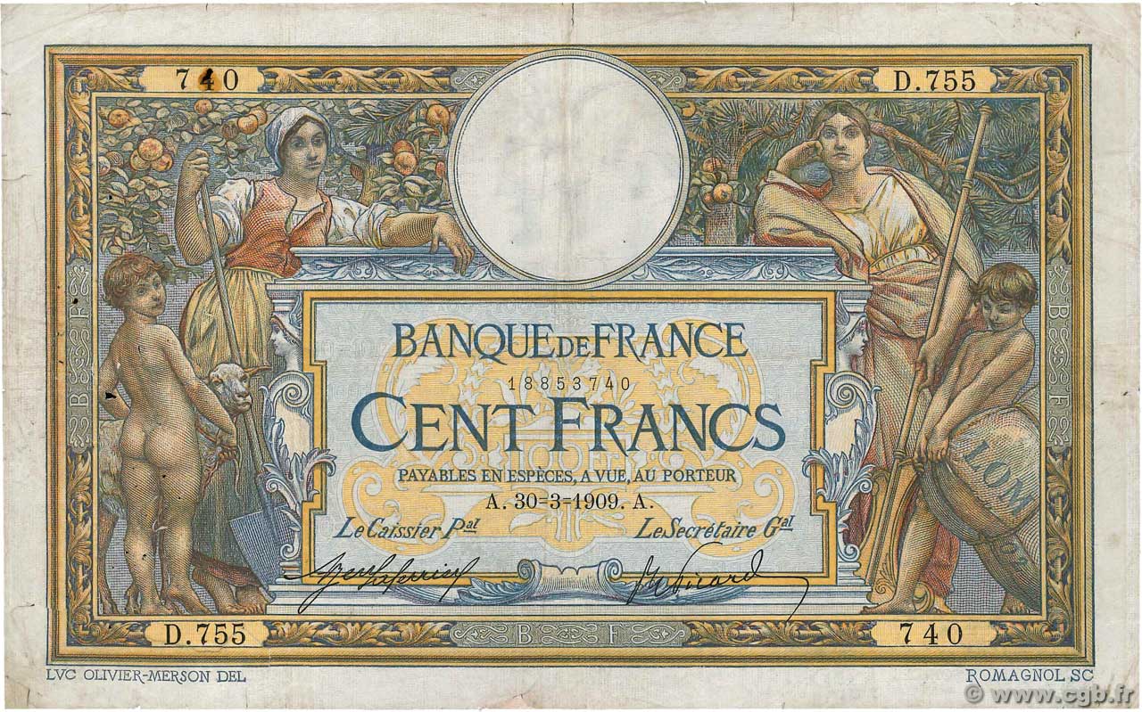100 Francs LUC OLIVIER MERSON avec LOM FRANCE  1909 F.22.02 TB