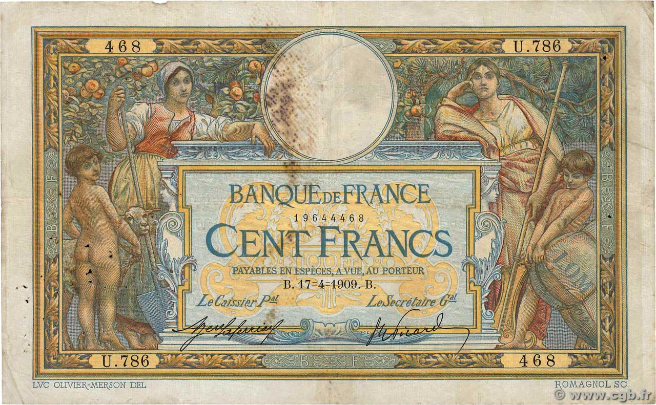 100 Francs LUC OLIVIER MERSON avec LOM FRANCE  1909 F.22.02 B+