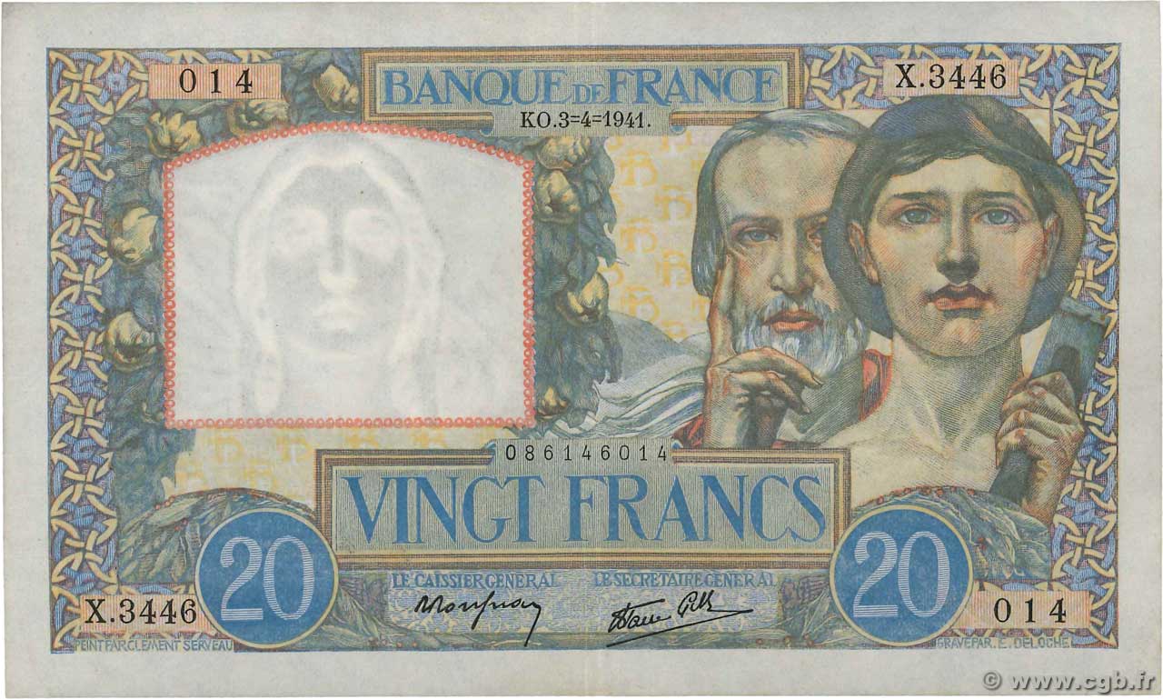 20 Francs TRAVAIL ET SCIENCE FRANKREICH  1941 F.12.13 VZ