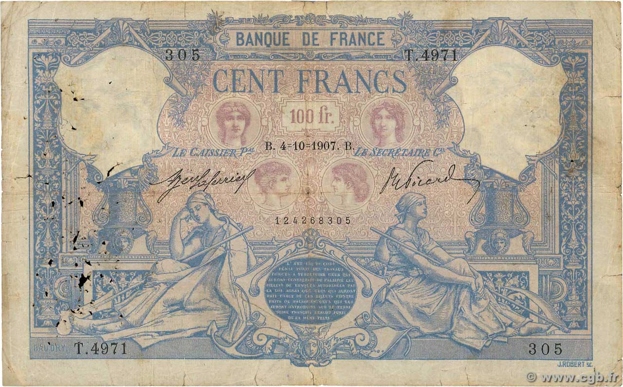 100 Francs BLEU ET ROSE FRANKREICH  1907 F.21.22 SGE