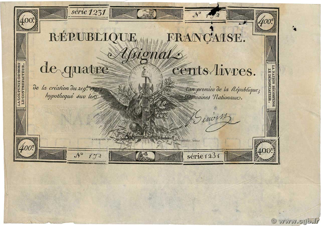 400 Livres FRANCE  1792 Ass.38a VF-