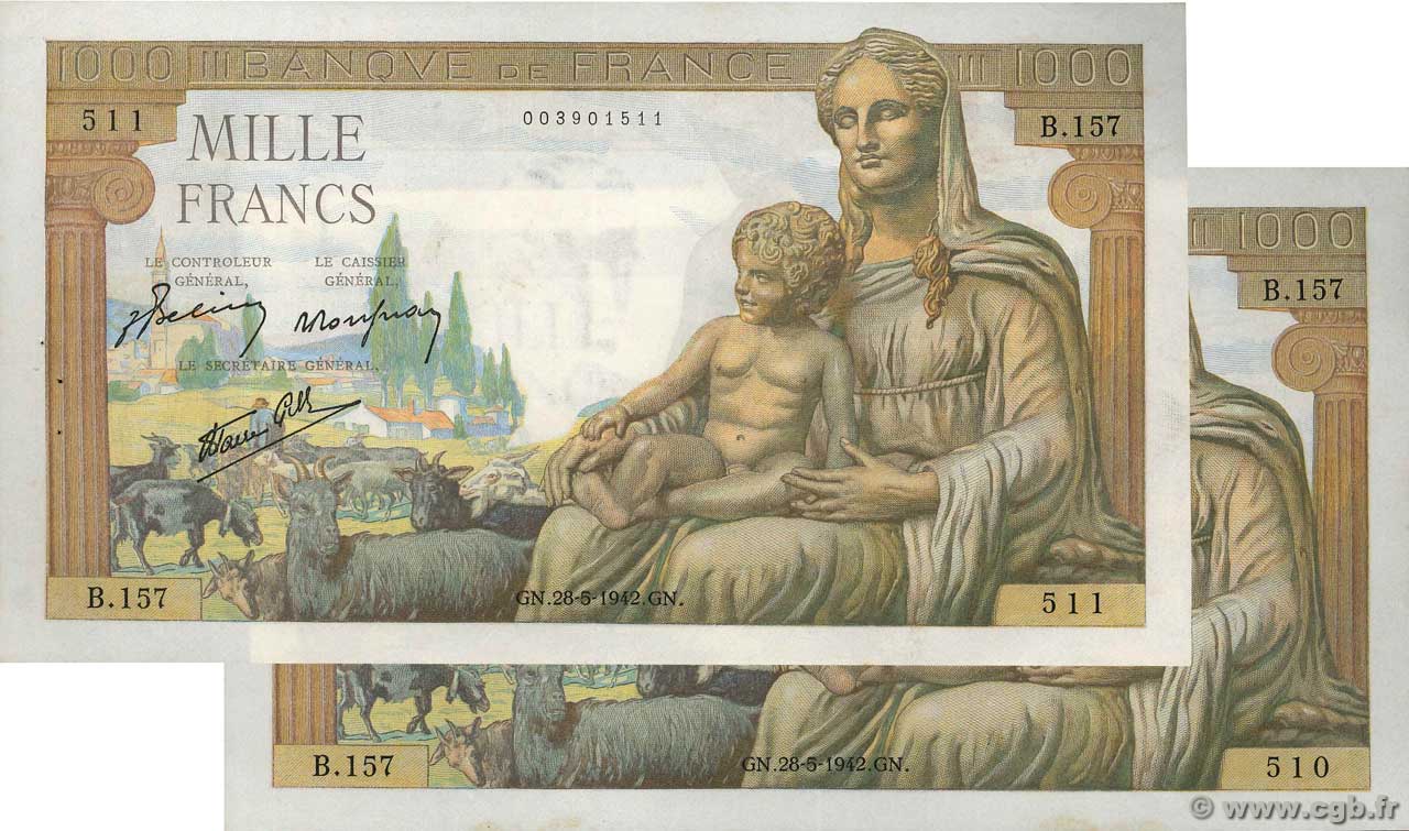 1000 Francs DÉESSE DÉMÉTER Consécutifs FRANCE  1942 F.40.01 TTB+