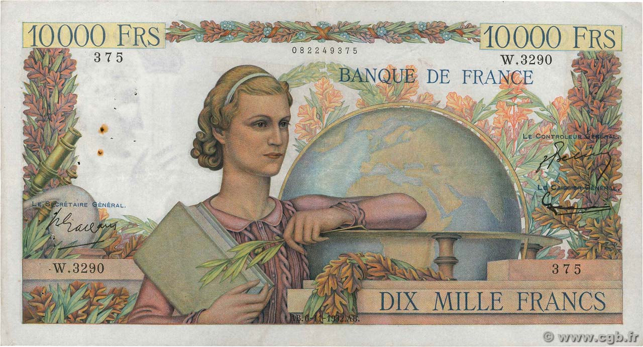 10000 Francs GÉNIE FRANÇAIS FRANKREICH  1952 F.50.61 fSS