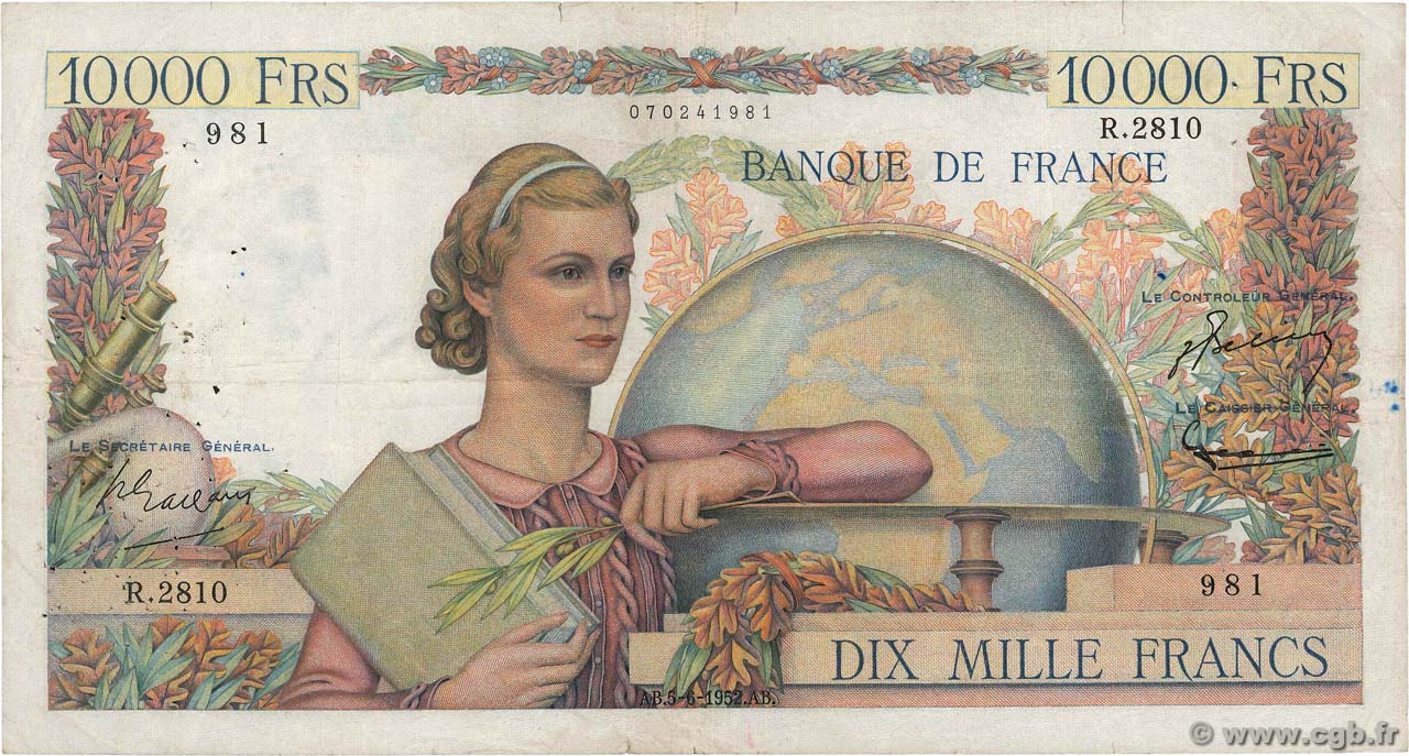 10000 Francs GÉNIE FRANÇAIS FRANCE  1952 F.50.59 F