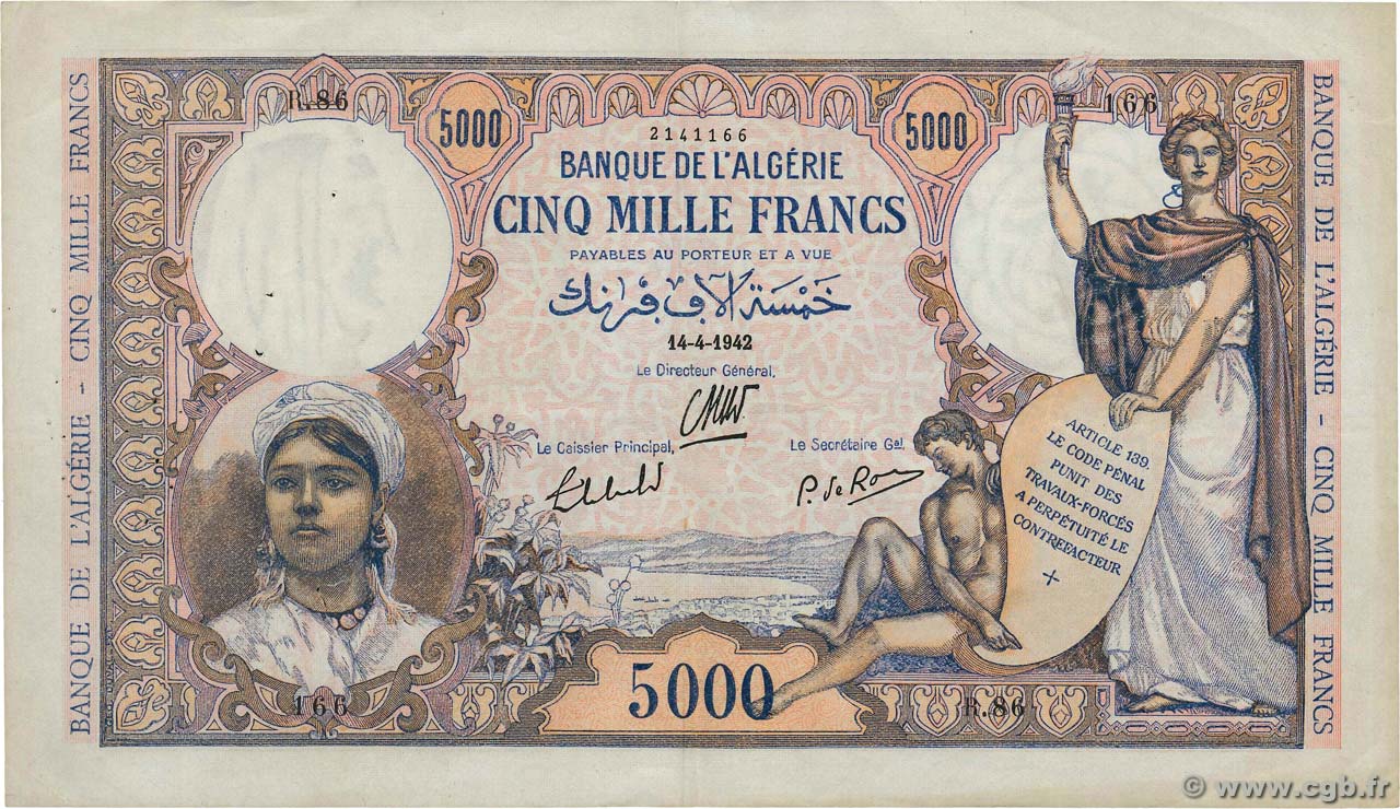 5000 Francs ARGELIA  1942 P.090a MBC+