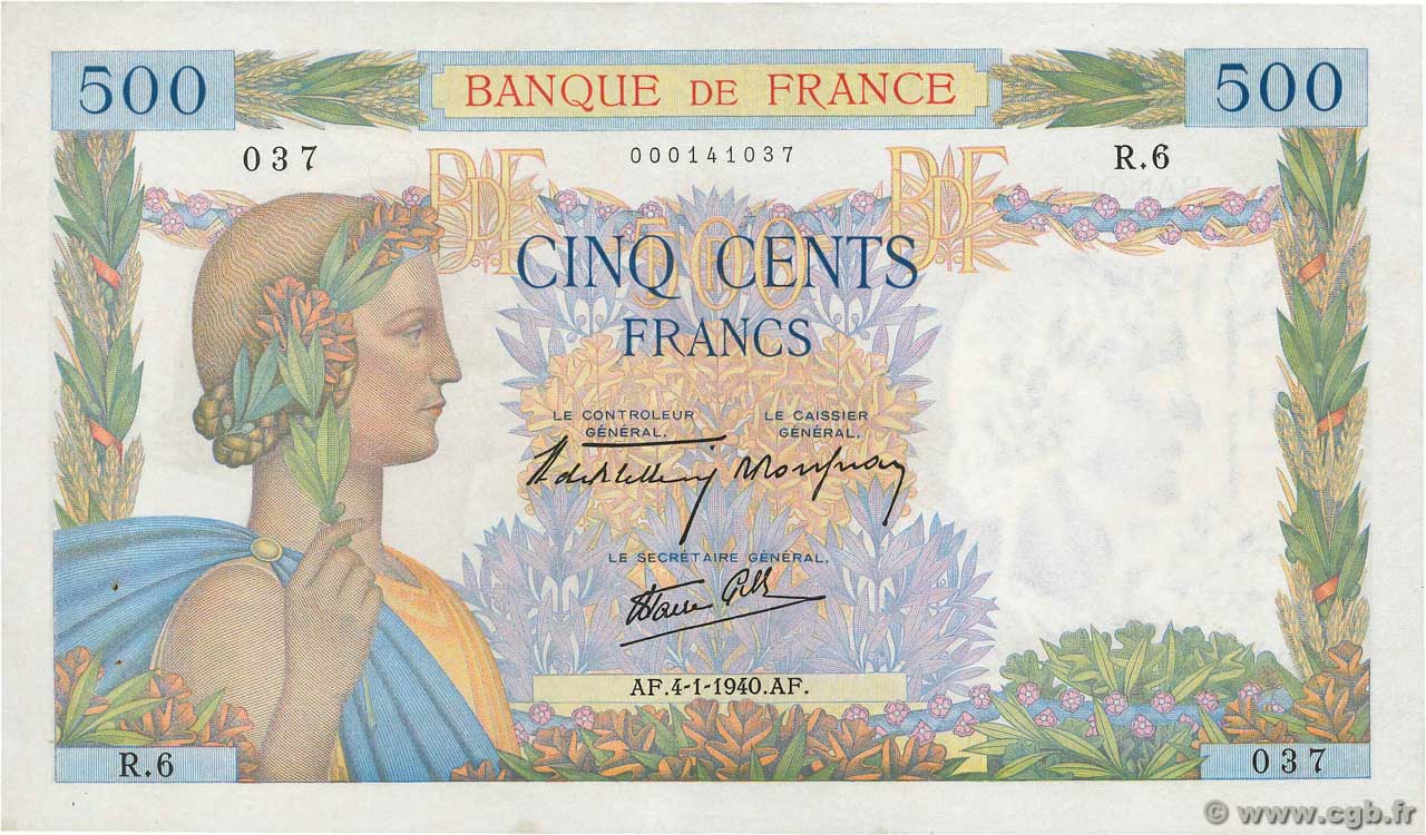 500 Francs LA PAIX Petit numéro FRANCE  1940 F.32.01 XF