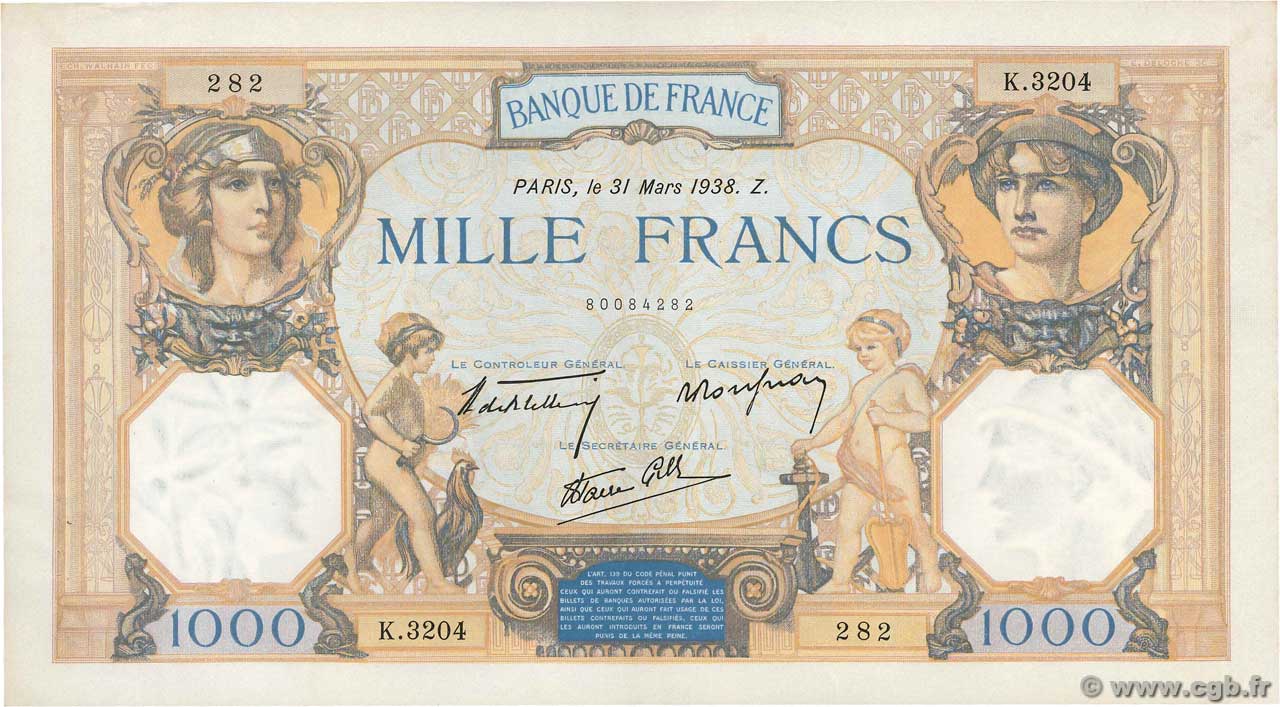 1000 Francs CÉRÈS ET MERCURE type modifié FRANCE  1938 F.38.10 SUP