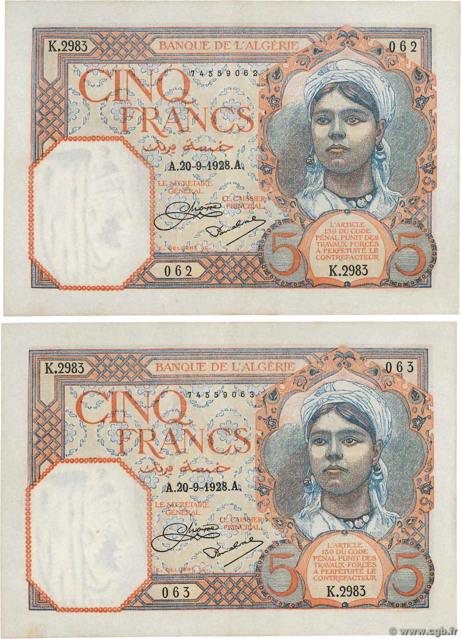 5 Francs Consécutifs ALGERIEN  1928 P.077a fVZ