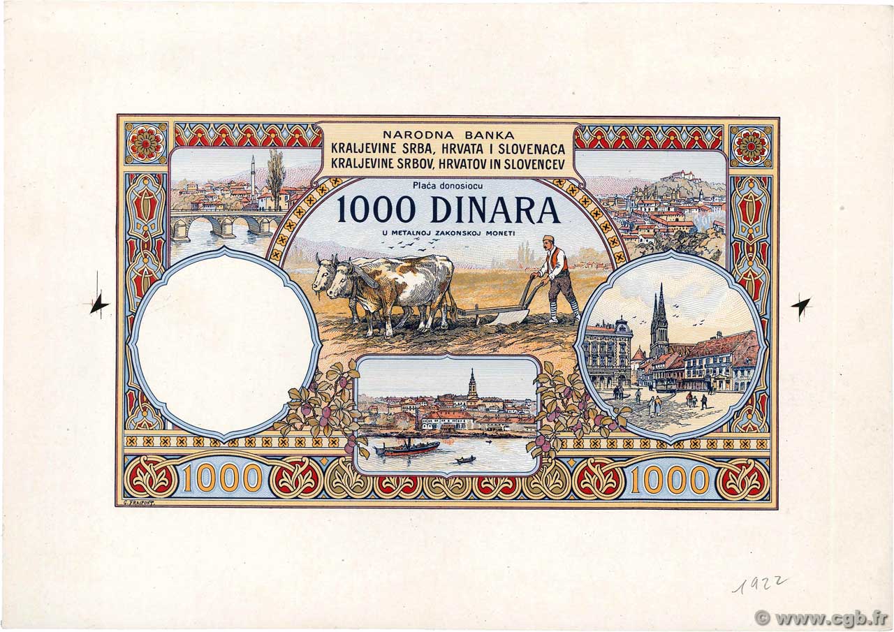 1000 Dinara Épreuve YUGOSLAVIA  1920 P.023e XF