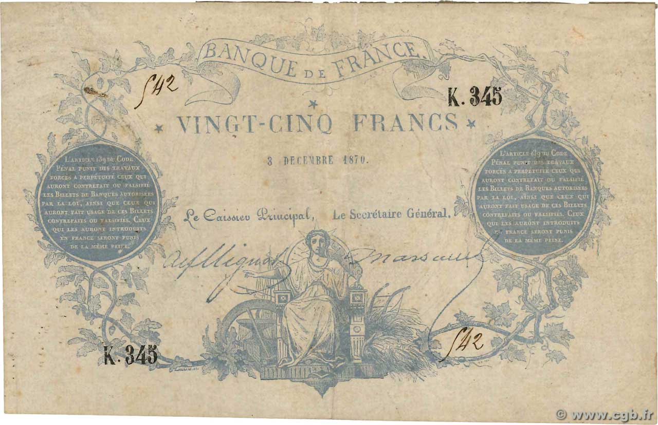 25 Francs type 1870 - Clermont-Ferrand FRANCE  1870 F.A44.01 TTB