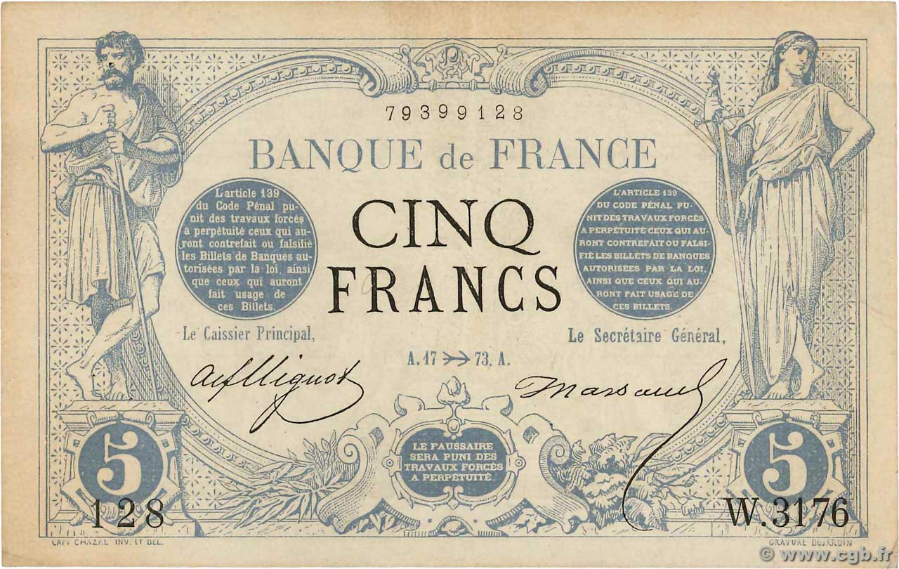 5 Francs NOIR FRANKREICH  1873 F.01.23 fVZ to VZ
