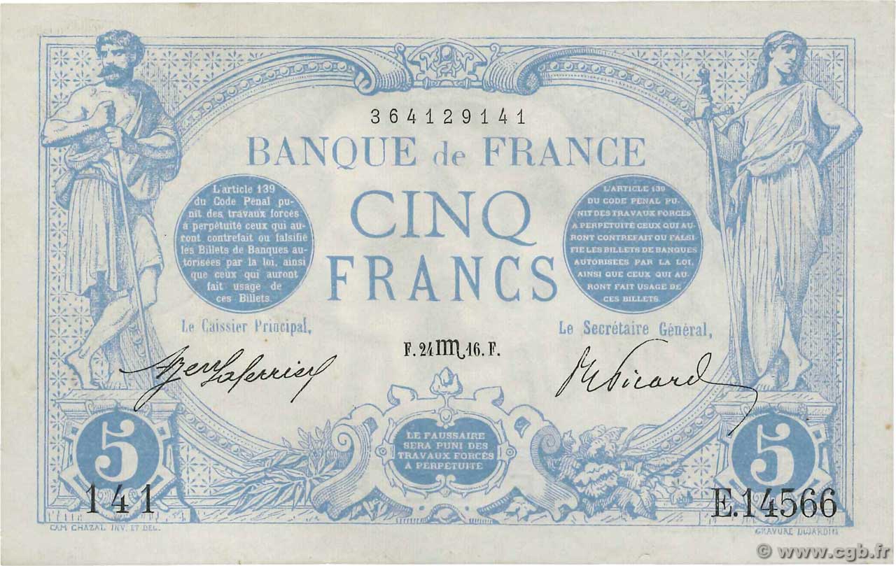 5 Francs BLEU FRANCIA  1916 F.02.44 AU