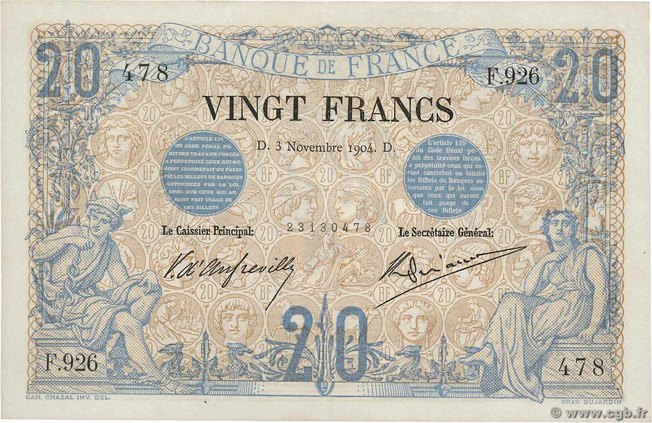 20 Francs NOIR FRANCE  1904 F.09.03 pr.SPL