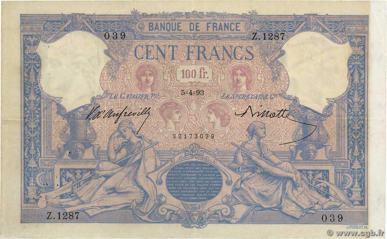 100 Francs BLEU ET ROSE FRANCE  1893 F.21.06 VF