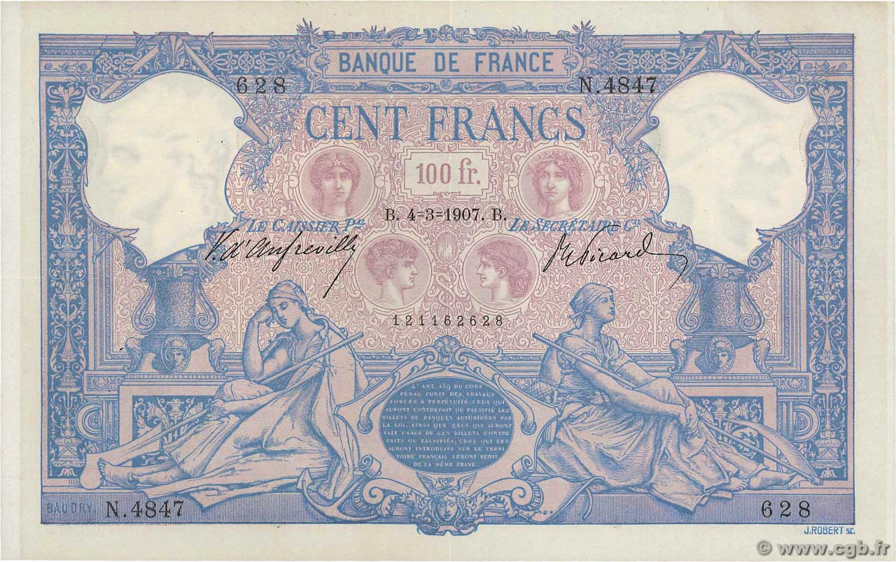 100 Francs BLEU ET ROSE FRANCE  1907 F.21.21 XF