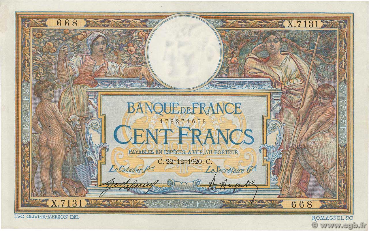 100 Francs LUC OLIVIER MERSON sans LOM FRANCIA  1920 F.23.13 q.SPL