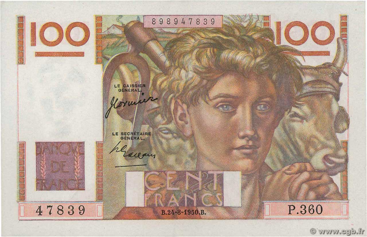 100 Francs JEUNE PAYSAN FRANCE  1950 F.28.26 AU+