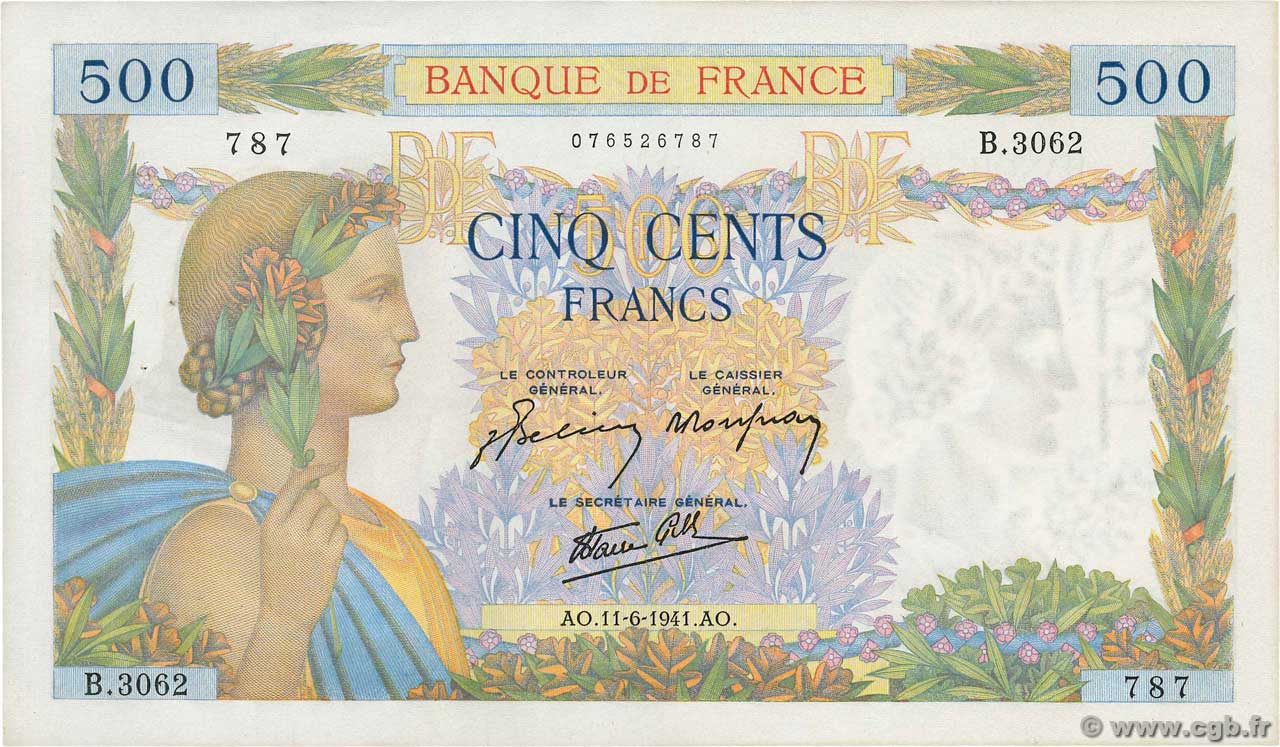 500 Francs LA PAIX FRANCE  1941 F.32.18 XF+