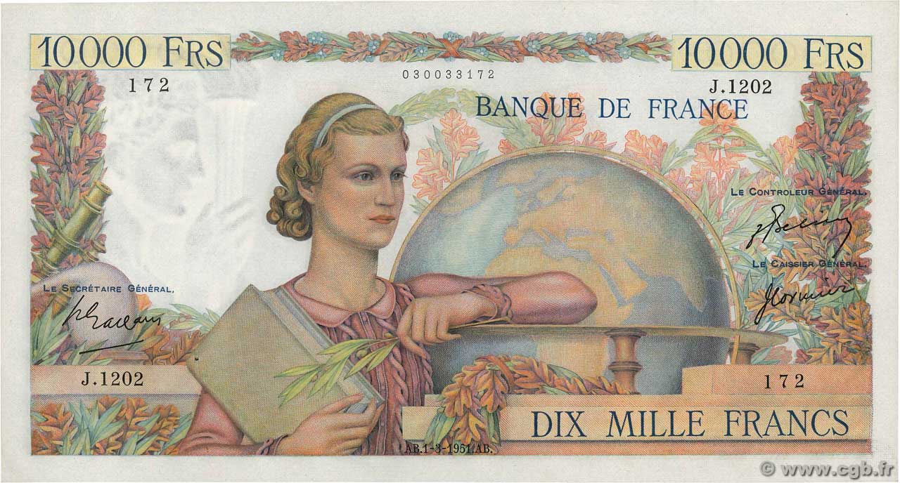 10000 Francs GÉNIE FRANÇAIS FRANCE  1951 F.50.48 XF - AU
